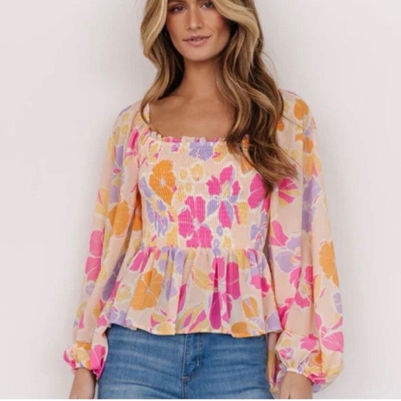Baltic Born Sally Smocked Top Small S Pink Multi Floral Peplum Hem Blouse Shirt - Picture 1 of 5
